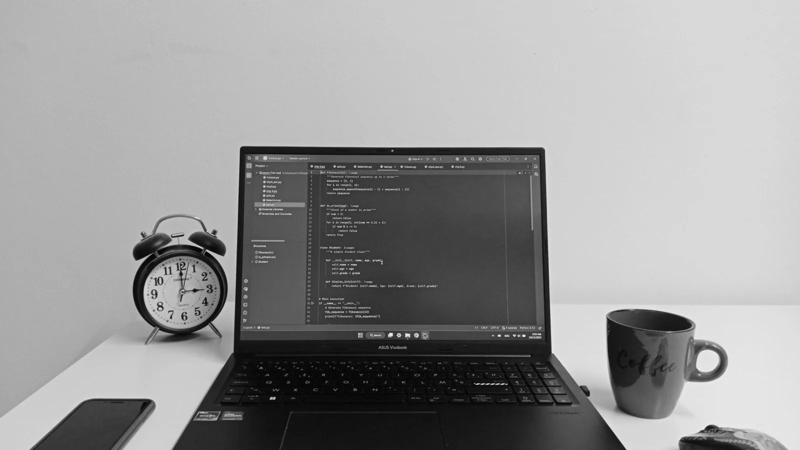 A laptop screen showing JavaScript code with a clock icon
